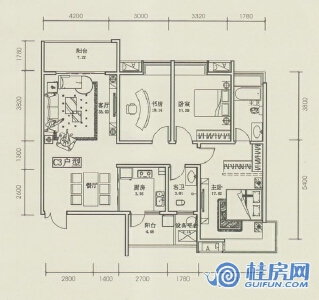C3户型三房两厅二卫125-135㎡