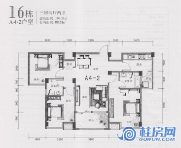 宜和云天16#A4-2户型 三房两厅两卫105.51㎡