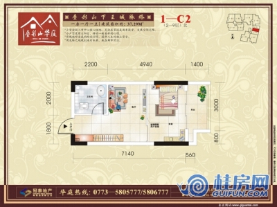 叠彩山华庭1—C2户型图 一房一厅一卫 37.29㎡