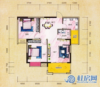 宜和云天8#B户型2房2厅1卫87.12㎡