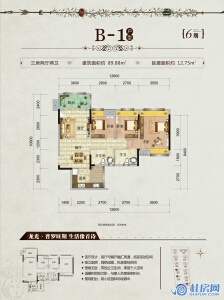 龙光普罗旺斯6期B-1户型 三房两厅两卫 建面约89.88㎡