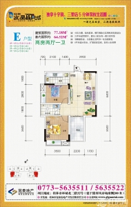 冠泰水晶郦城E户型两房两厅一卫77.18㎡