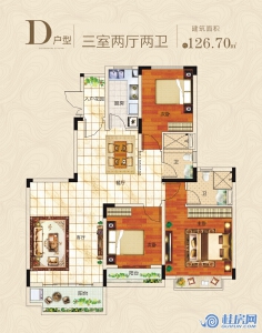 桂林恒大江湾13#、14#、15#、16#、17#、18#、19#、20#、25#、26#、29#、30#D户型 三房两厅两卫 建面126.70㎡