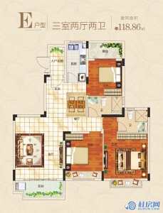 桂林恒大江湾13#、14#、15#、16#、17#、18#、19#、20#、25#、26#、29#、30#E户型 三房两厅两卫 建面118.86㎡