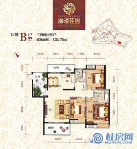 1#B户型三房两厅两卫建筑面积：126.75㎡