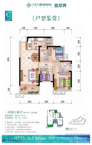 麓湖国际【翡翠湾】9#户型图：96.74㎡三房两厅两卫