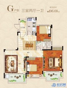 桂林恒大江湾13#、14#、15#、16#、17#、18#、19#、20#、25#、26#、29#、30#G户型 三房两厅两卫 建面106.68㎡