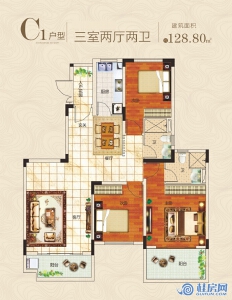 桂林恒大江湾13#、14#、15#、16#、17#、18#、19#、20#、25#、26#、29#、30#C1户型 三房两厅两卫 建面128.80㎡