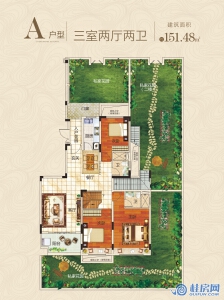 桂林恒大江湾13#、14#、15#、16#、17#、18#、19#、20#、25#、26#、29#、30#A户型 三房两厅两卫 建面151.48㎡