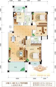 东晖国际公馆E1-1户型三房两厅两卫115.06-117.06㎡
