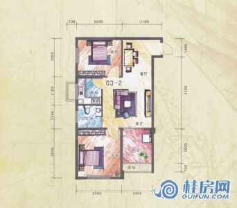 宜和云天C3-2户型 两房两厅一卫69.06㎡