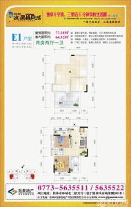 冠泰水晶郦城E1户型两房两厅一卫77.18㎡