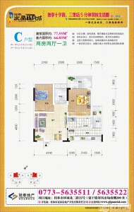 冠泰水晶郦城C户型两房两厅一卫77.55㎡