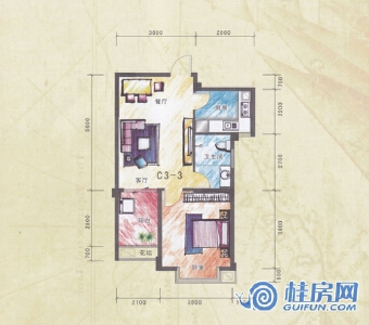 宜和云天C3-3户型 一房两厅一卫56.68㎡