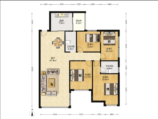 鑫屿金河阳光，4室2厅2卫，108㎡，毛坯，售价46.8万 二手房